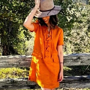 Moving Sale💘 Anthropologie Maeve Lace-Up Shirt Linen Dress Mustard Color Size 2